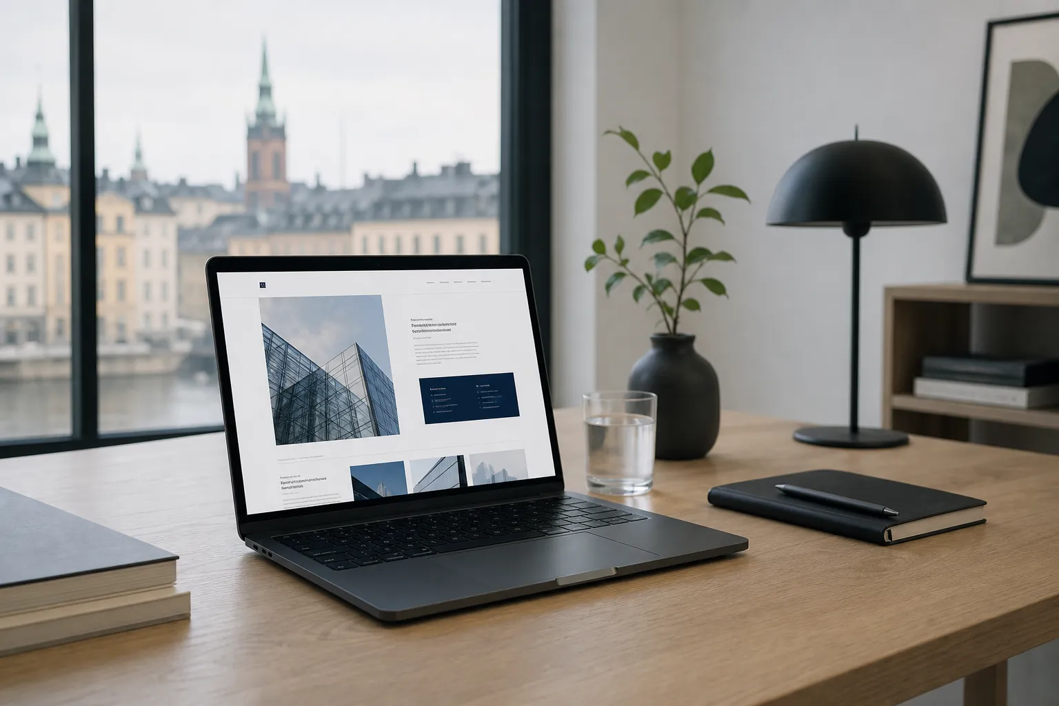 Arbetsyta med laptop som visar en ren företagshemsida i dagsljus